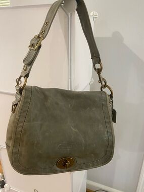 Coach Gray Leather Turnlock Shoulder Bag with Brass Hardware